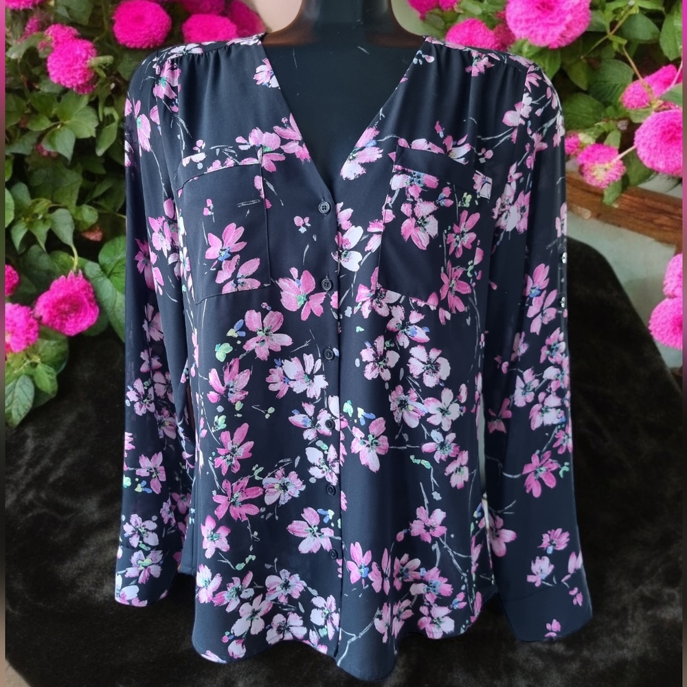 Express Portofino Floral Button Down Flowy Blouse Size M